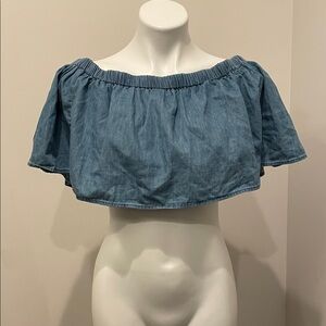 Fashion Nova Denim-Look Off-Shoulder Crop Top in Light Blue